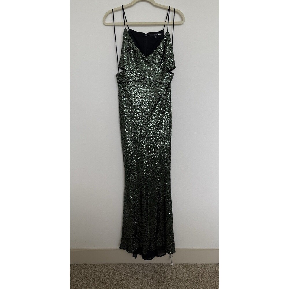 Badgley Mishka Emerald Green Gown With Cut-Outs Full Length W/Sweep Train Sz 8